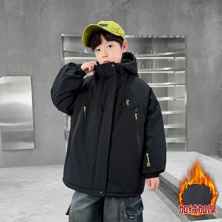男童加绒外套秋冬装2025年新款中大儿童男孩冬季加厚派克服棉衣潮