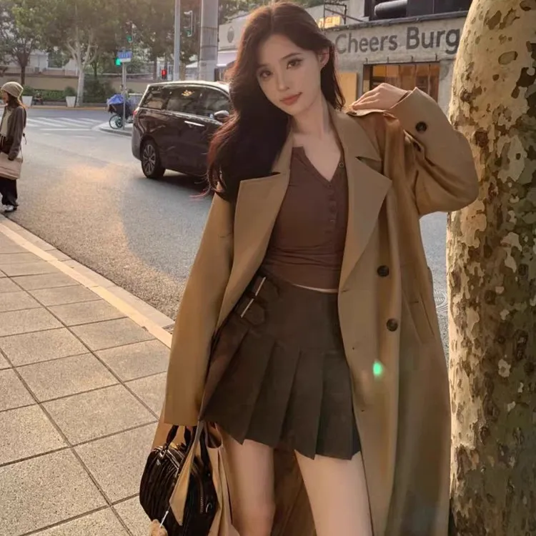 【城市漫步】2025春季新款卡其色长款韩版H型双排扣风衣外套女47