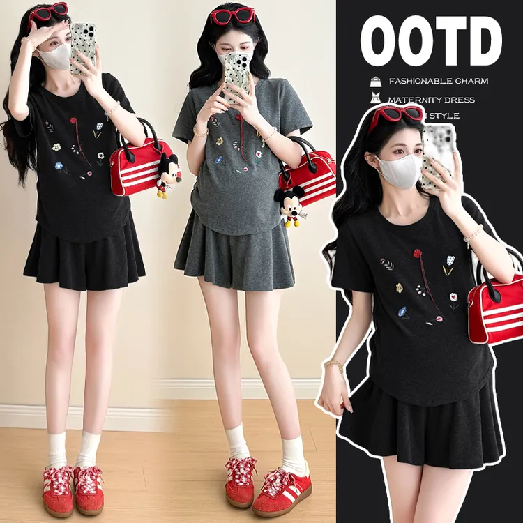 2025孕妇夏装刺绣休闲青春活力短袖短裤裙孕妇套装