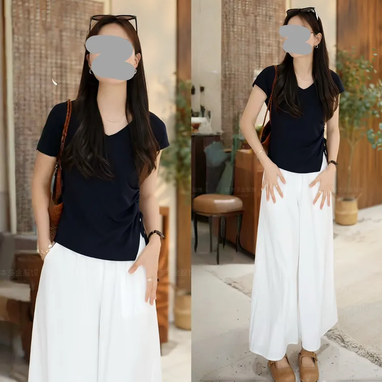 夏季新款出游穿搭欧若风V领收腰上衣短袖T恤套装松紧腰宽松休闲裤