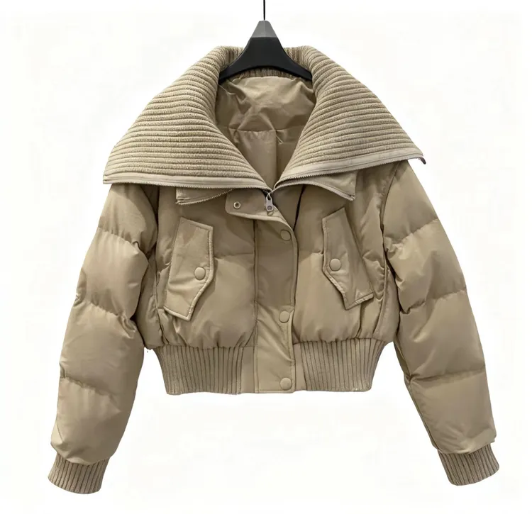 90白鸭绒冬季针织拼接大翻领羽绒服女短款加厚b6021