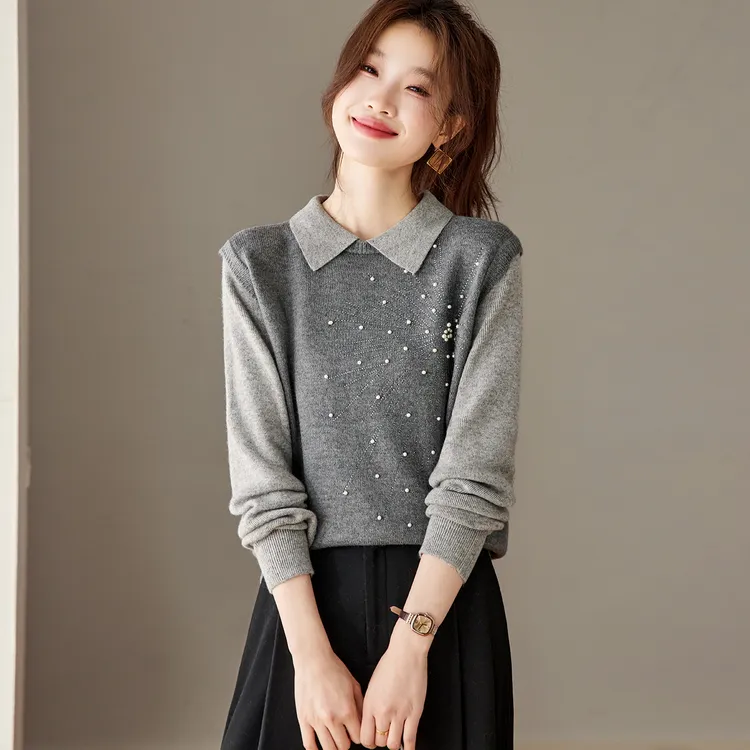 正品2025冬季新款钉珠假两件翻领针织衫女设计感百搭长袖气质上衣