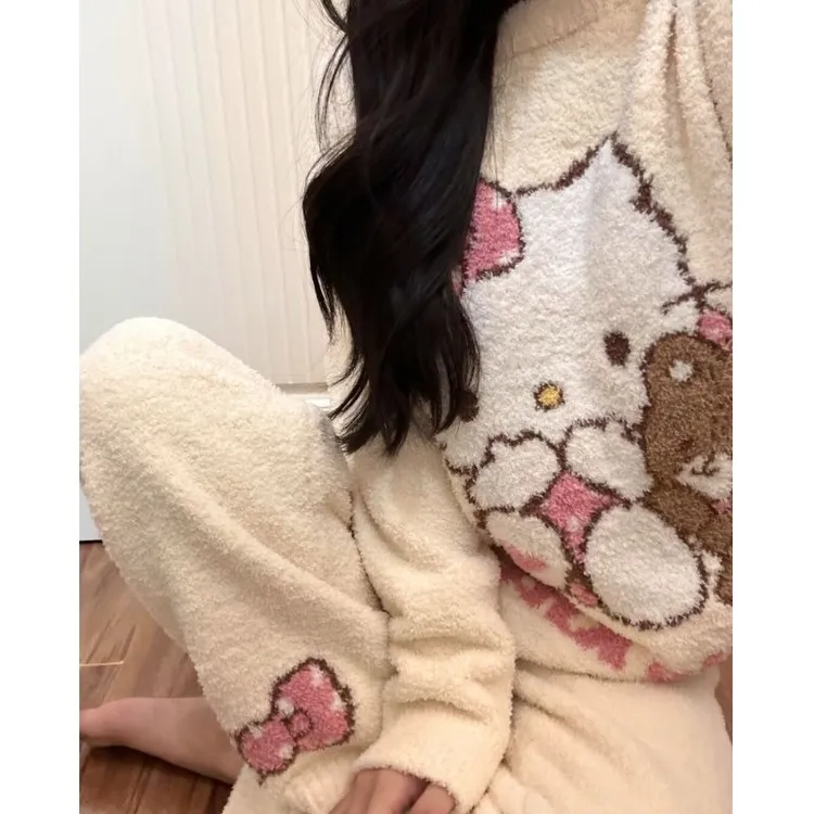 甜美可爱Kitty猫半边绒睡衣女秋冬季卡通加绒加厚保暖家居服套装
