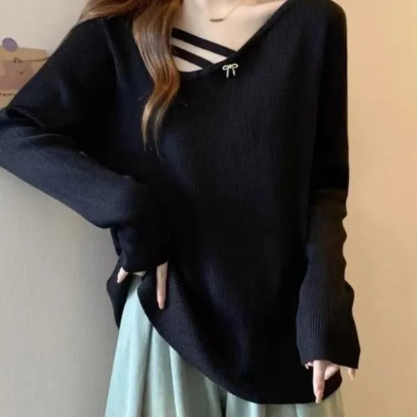 9255#大码女装遮肚子别致v领针织衫女春秋胖妹妹显瘦百搭长袖上衣