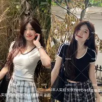 YOYO自制【清凉V领】夏季显瘦辣妹短款修身纯欲上衣短袖