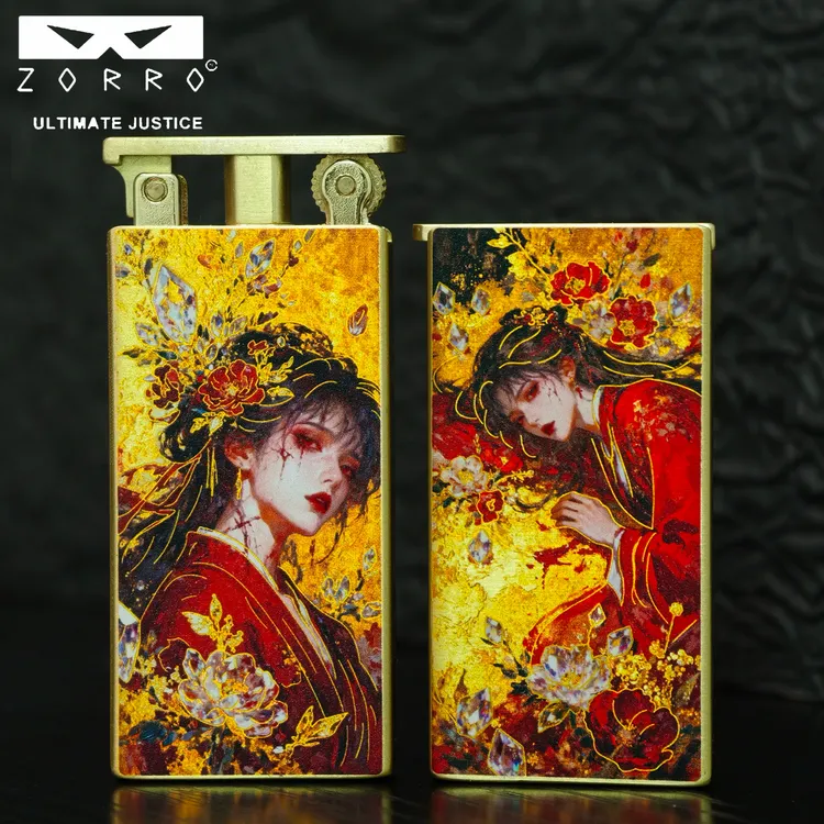 佐罗新品国风血色妖姬超薄纯铜国潮鎏金彩绘煤油升降打火机高颜值
