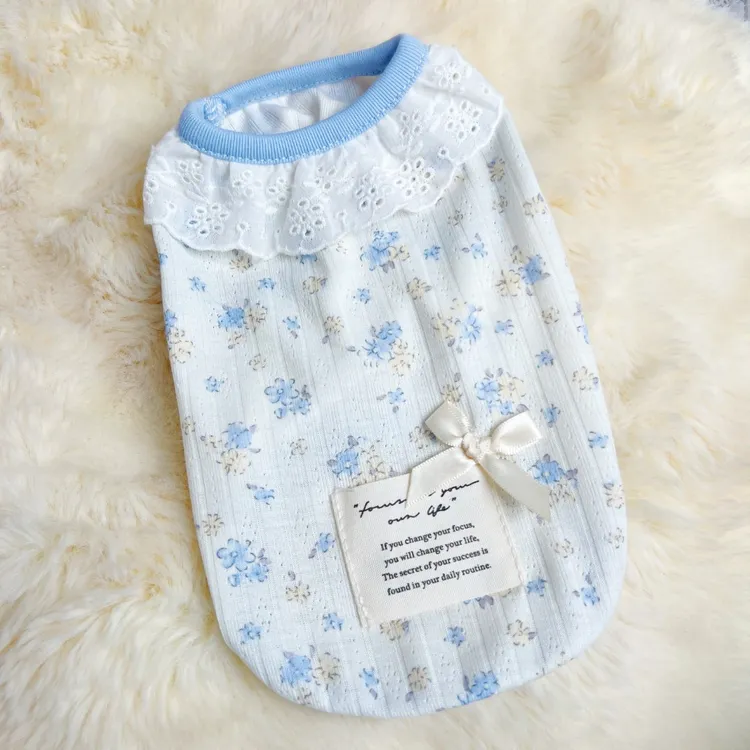 宠物衣服春夏秋碎花蓝色蕾丝边裙子背心公主比熊泰迪马尔济斯猫咪