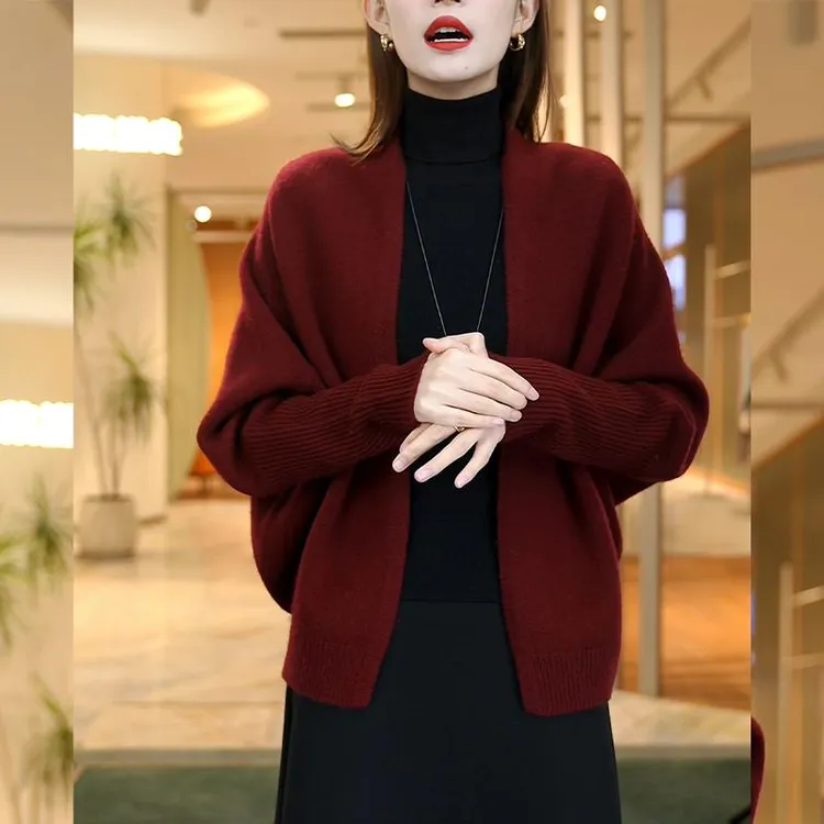 秋冬新款女V领毛衣开衫蝙蝠袖宽松大码针织衫外套披肩洋气上衣