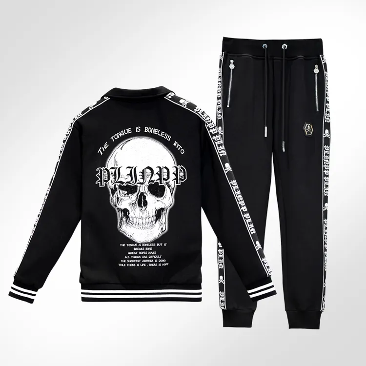 秋季新款骷髅刺绣连帽卫衣休闲套装男士长袖宽松秋冬潮流针织