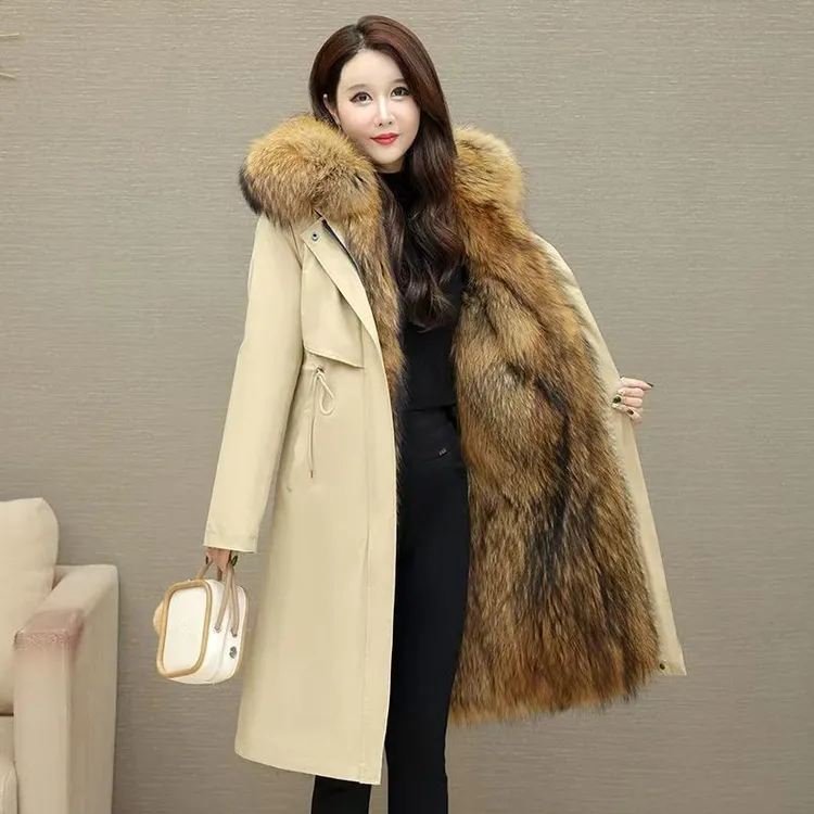 新款派克服女狐狸毛可拆卸貂皮毛一体大衣冬季大码加厚仿皮草外套
