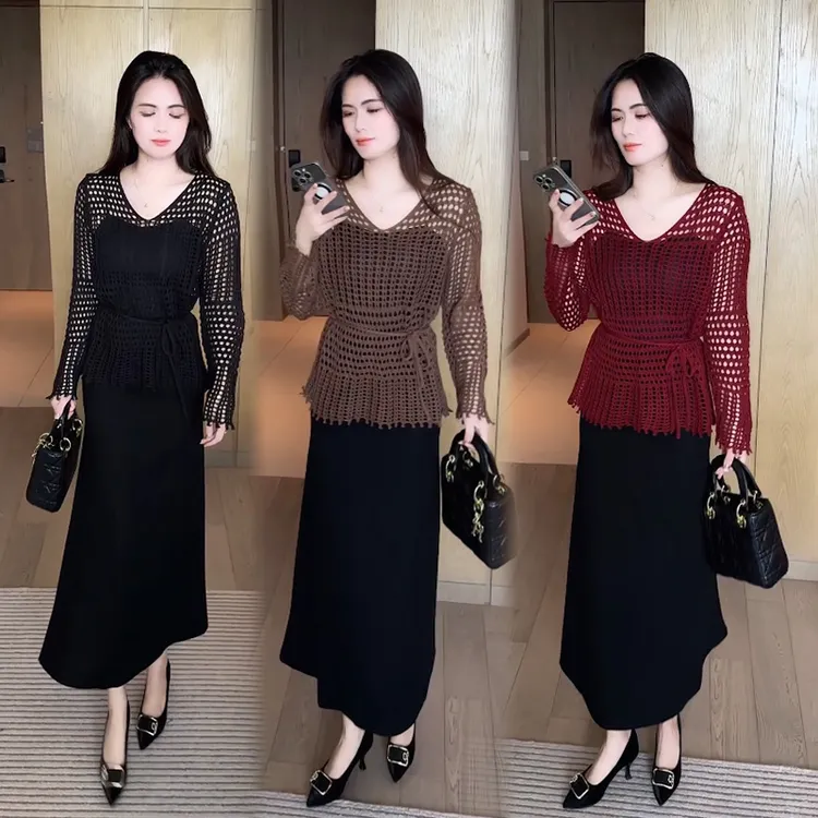 早秋时尚气质套装裙女2025新款慵懒风镂空长袖针织衫吊带裙两件套