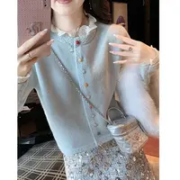2025春秋新款韩版针织开衫女撞色毛衣外套蕾丝拼接长袖高级感甜美