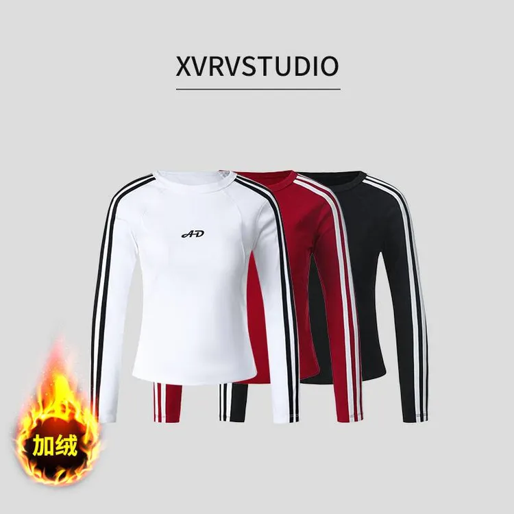 XVRV加绒秋冬新品2025三条杠运动上衣圆领套头字母印花长袖