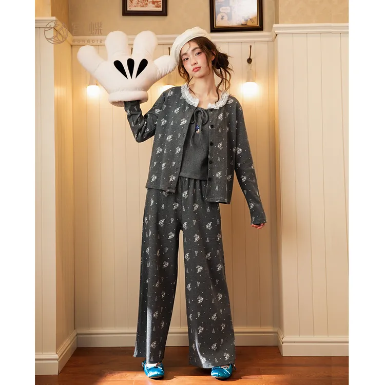 宫蝶【礼盒装】迪士尼米奇秋冬款睡衣女长袖带胸垫纯棉家居服套装
