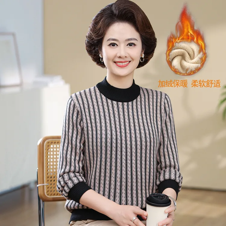 妈妈秋冬装毛衣洋气一体绒针织打底衫中老年人女加绒加厚保暖上衣