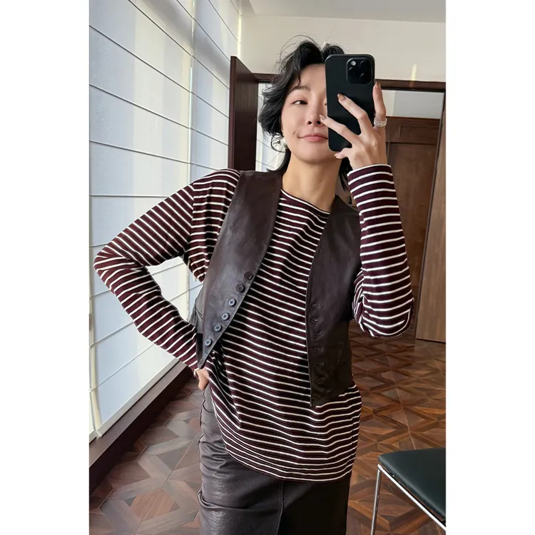 HERLAND她地 纯棉条纹圆领打底衫女慵懒风宽松休闲百搭长袖T恤