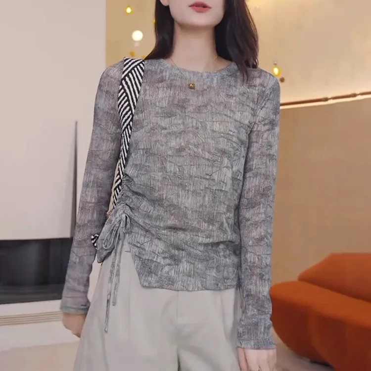 2025早秋季新款女灰色长袖T恤时尚减龄洋气内搭针织打底衫上衣