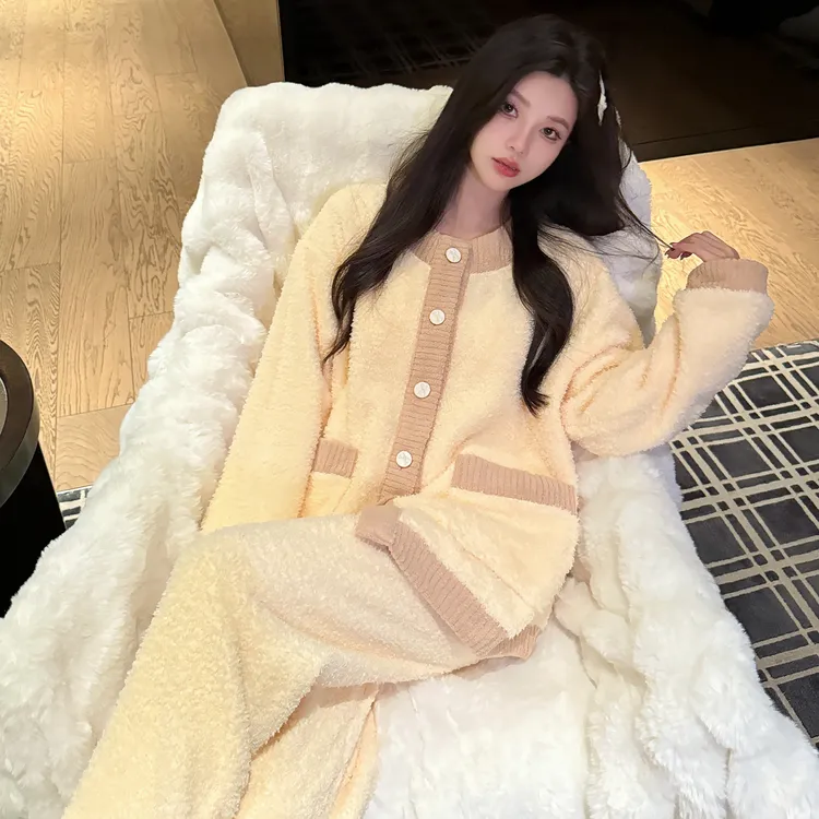 半边法兰绒睡衣女秋冬季新款珊瑚绒加绒加厚冬天保暖小香风家居服