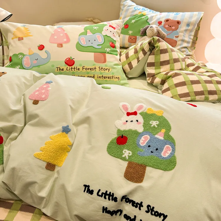 卡通动物园冬季加厚磨毛四件套纯棉100%全棉新款床上被套床单床笠