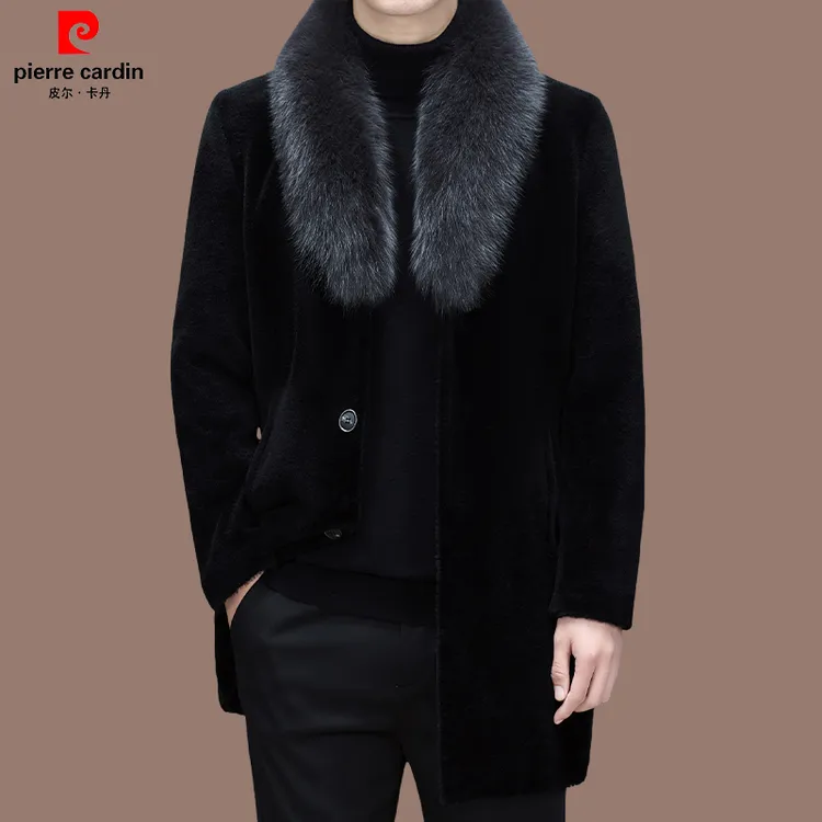 【皮尔卡丹官方正品】高档全羊毛毛呢大衣冬季狐狸毛领保暖抗寒外套