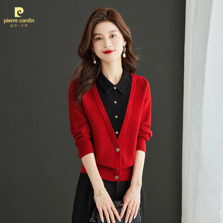 皮尔卡丹秋季娃娃领假两件套毛衣女短款宽松洋气减龄针织打底衫网