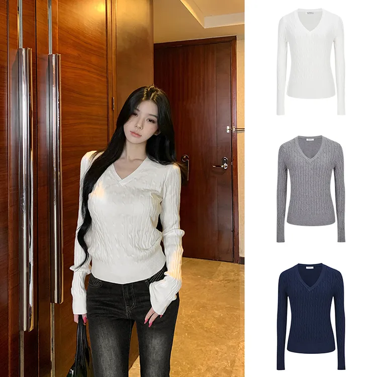 Moses Queen/魔西女王纯色V领学院风长袖麻花毛衣秋修身针织上衣