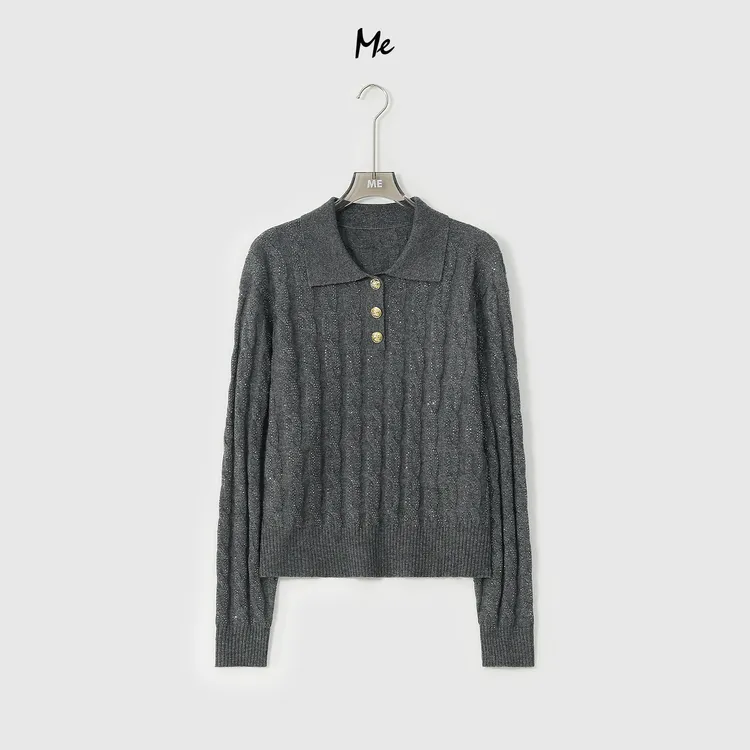 ME【R金豆星河POLO】超细美利奴绵羊毛星空纱复古绞花毛衣MESA3740