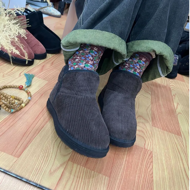 河豚家千层底灯芯绒棉花冬天保暖轻质棉鞋加厚中筒高帮复古时尚