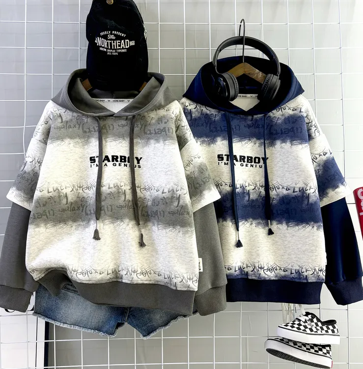 25秋上新男童连帽卫衣上衣假两件拼接百搭休闲港风潮流韩版中大童