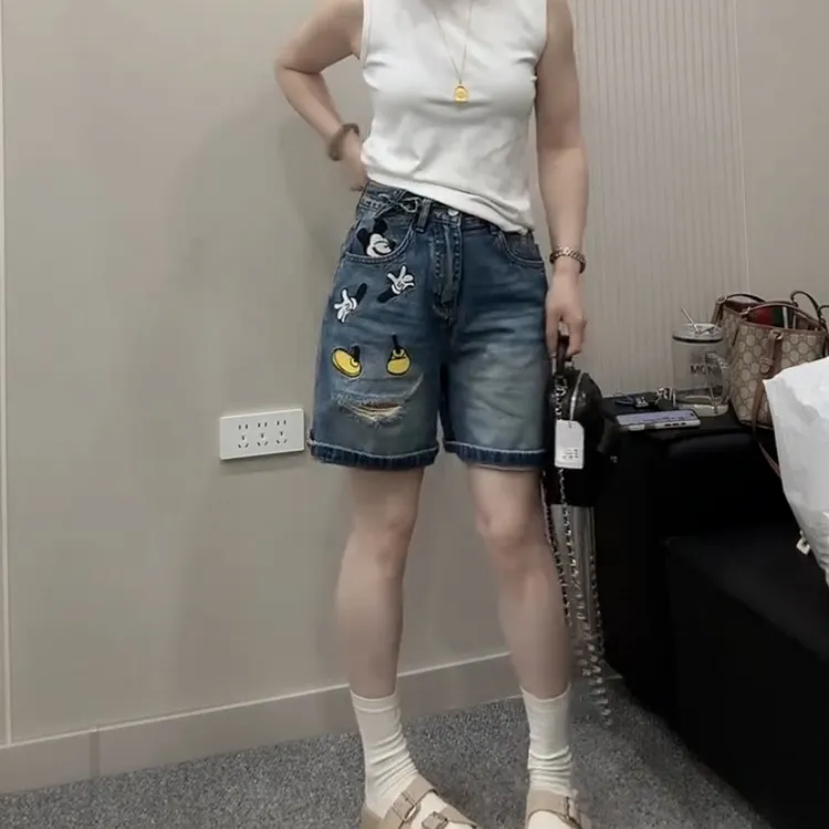 夏季新款米奇破洞牛仔短裤大码女装时尚洋气高腰显瘦五分直筒裤子