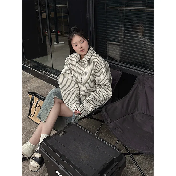 大款女装小众复古条纹拉链衬衫冲锋衣新款宽松休闲慵懒风长袖外套