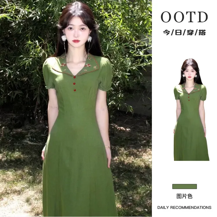 巨好看新中式国风绿色连衣裙子女装夏季2025新款绝美收腰显瘦长裙