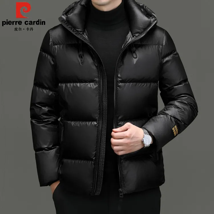 皮尔卡丹白鸭绒男士羽绒服连帽短款加厚防寒服高档潮流黑金外套