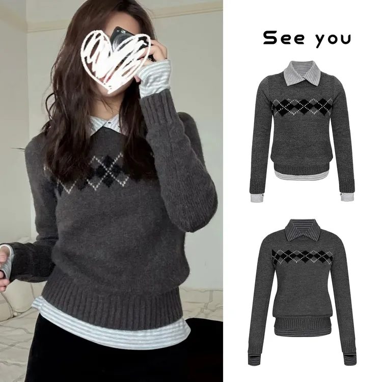 【菱格毛衣】菱格纹宽松毛衣+【条纹打底】休闲宽松T恤L2244+L2243