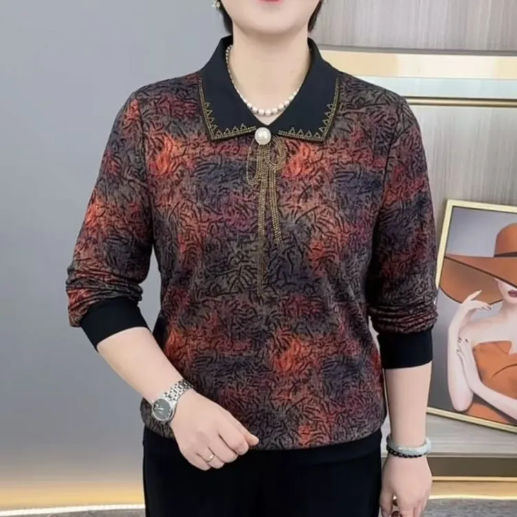 秋季新款时尚娃娃领烫钻洋气妈妈装休闲气质百搭长袖上衣H9823