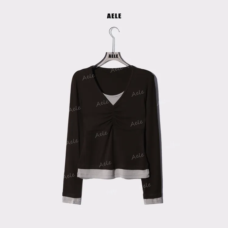 AELE时尚拼接撞色修身打底长袖假两件褶皱圆领T恤 T853 2916 AD