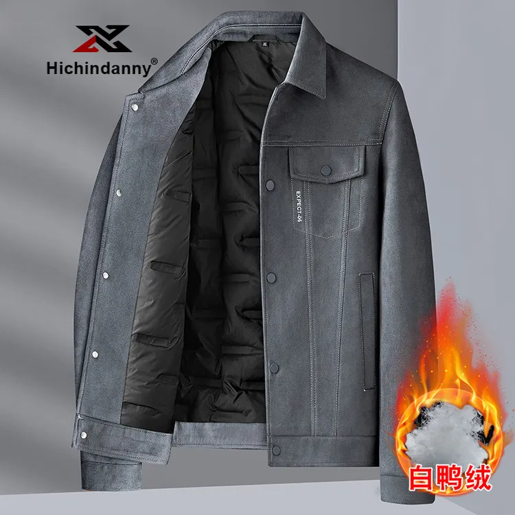 HICHIN白鸭绒运动夹克男秋冬季轻奢商务休闲翻领麂皮绒羽绒服外套