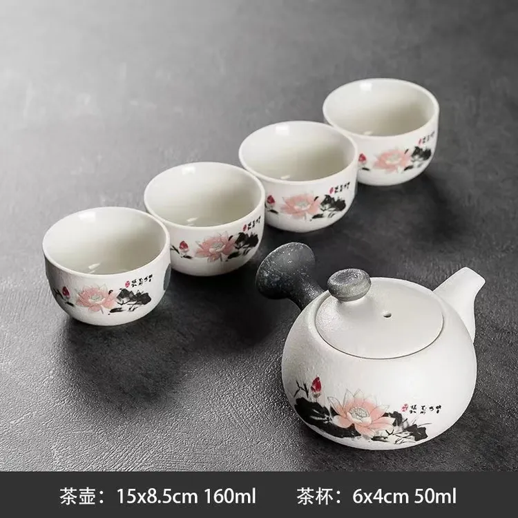 雪花釉粉莲粗陶侧把壶带四杯茶具套装DF2420（微瑕清仓茶具一整套