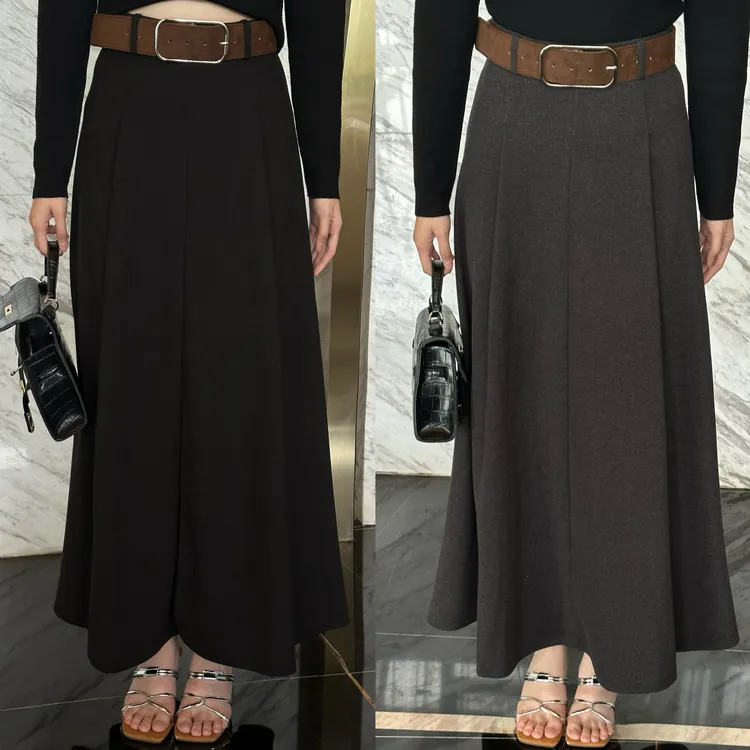 【法式别致 】配皮带高腰遮跨显瘦毛呢长裙女