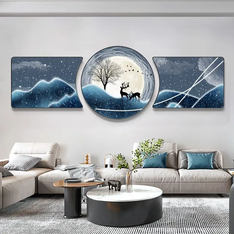 新款珠联璧合新中式客厅装饰画现代防水沙发背景三联画轻奢晶瓷画