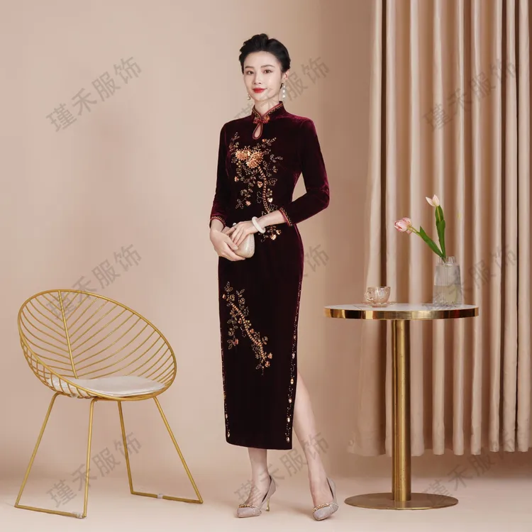 【中长款】高贵显瘦钻石绒喜婆婆国风中长款大码走秀修身旗袍复古