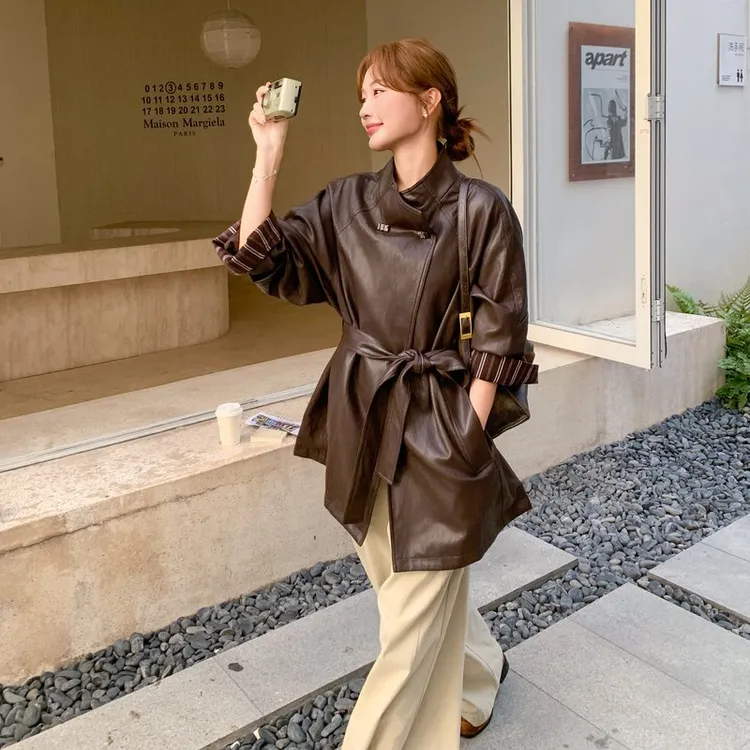 棕色复古酷飒御姐PU皮衣外套女2025秋新款高级感时髦洋气系带上衣