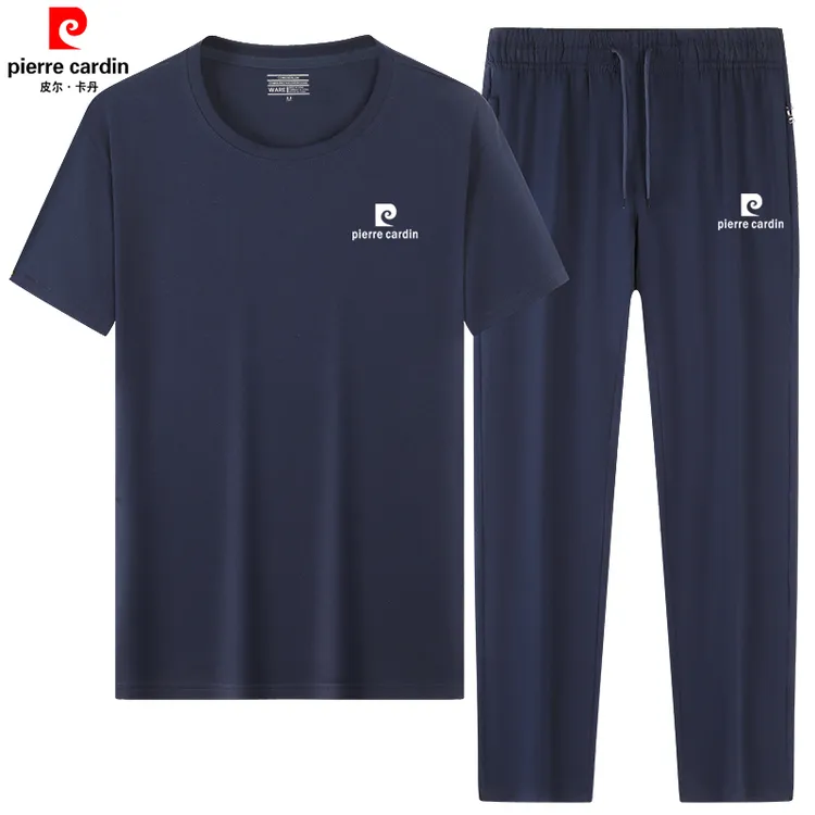 皮尔卡丹夏季纯棉运动套装男薄款圆领短袖长裤宽松爸爸跑步两件套