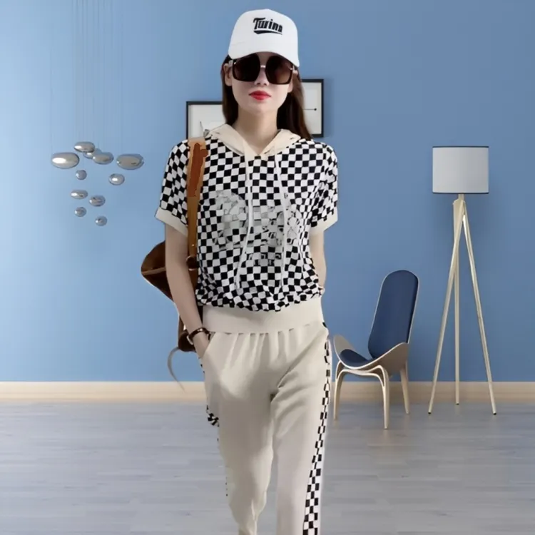 时尚休闲套装女2025夏季新款洋气百搭显瘦棋盘格短袖束脚裤两件套