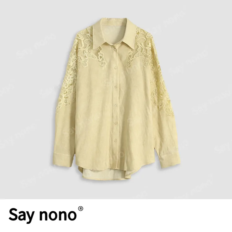 懒猫nono│Saynono 翻领长袖拼网纱刺绣绣花衬衣外套/ZC9715