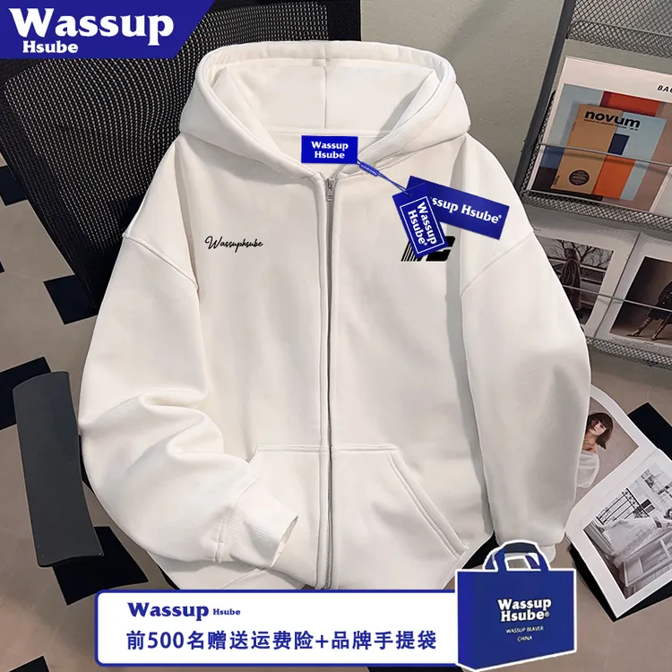 WASSUP HSUBE新颖个性印花白色外套秋冬男女潮牌开衫拉链连帽外套