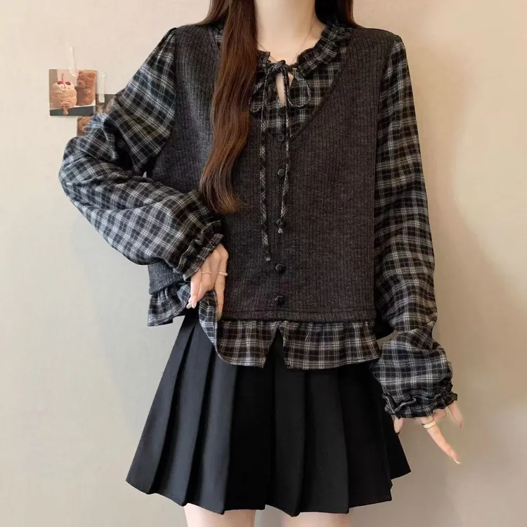 大码女装遮肚子假两件格子拼接衬衫女秋冬胖妹妹宽松显瘦长袖上衣