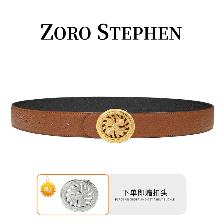 佐罗史蒂芬真牛皮荔枝纹双面可用腰带休闲男士皮带镀金镶钻扣