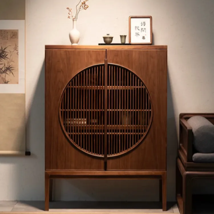 宋代美学明月老榆木黑胡桃色落地实用边柜置物柜小茶桌茶台新中式