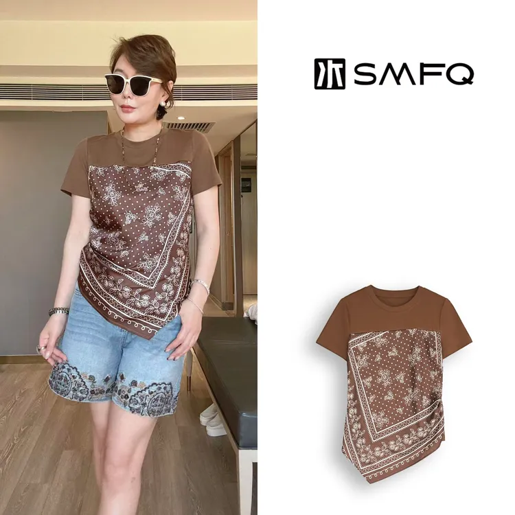 水木夫妻”美拉德“天丝莱赛尔丝巾拼接短袖T恤上衣女